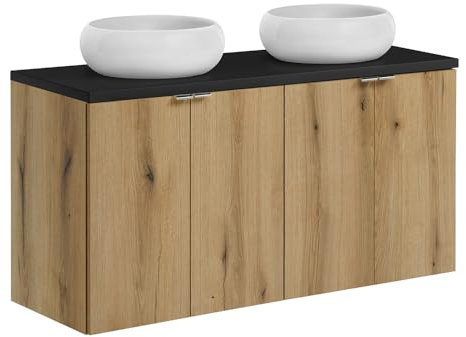 Lomadox Badezimmer Doppelwaschtisch 120cm, in Eiche und schwarz, geringe Tiefe (40cm)