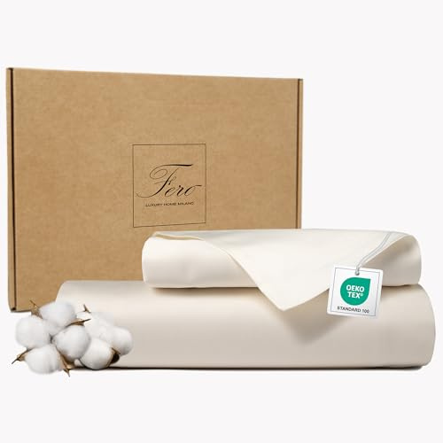 Ferò Set Copripiumino Singolo cotone 155x220 con Federa 50x75, Copri piumino di lusso in Raso di Cotone 300 TC a fibra lunga e Proteine della Seta, Design Made in Italy, Duvet Cover, Bianco Avorio
