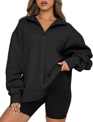 Timuspo Oversized Hoodie Schwarz Ohne Kapuze Fleece-Innenfutter Pullover Damen Reissverschluss Alltagsmode Sweatjacke Herbst Winter Pulli XL