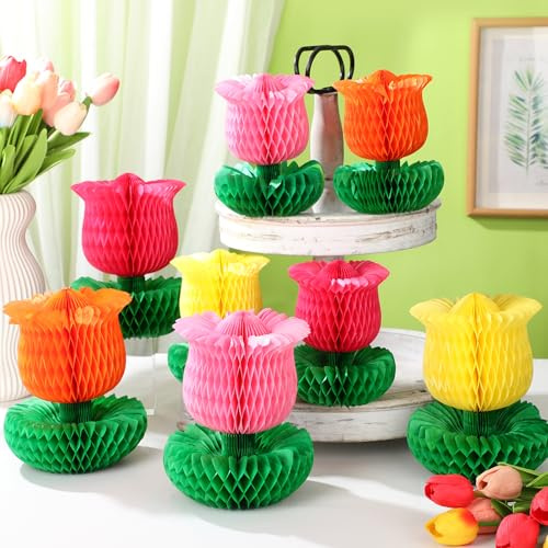Wonderjune 12 Pcs Spring Tulip Table Decor Flower Honeycomb Table Centerpieces Multicolor Tulip Floral Tabletop for Home Easter Mother's Day Birthday Wedding Office Garden Tiered Tray Decorations