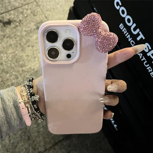 JZFDCLF Luxuriöse Handyhülle mit Strass-Schleife und Litschi-Muster für iPhone 15 14 13 12 11 Pro Max, süße Bowknot-Stoßdämpfer-Softhüllen, A, für iPhone 15Pro