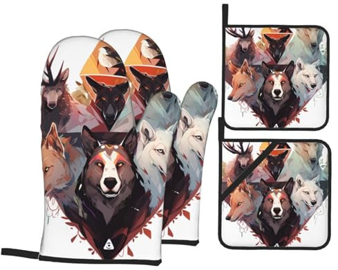 Guanti Da Forno E Presine Da Cucina Set, Wolves And Reindeer Guanti Da Cucina Professionale Guanti Da Forno Resistenti Al Calore Kit Guanti Da Forno Per Microonde Ringraziamento Cottura