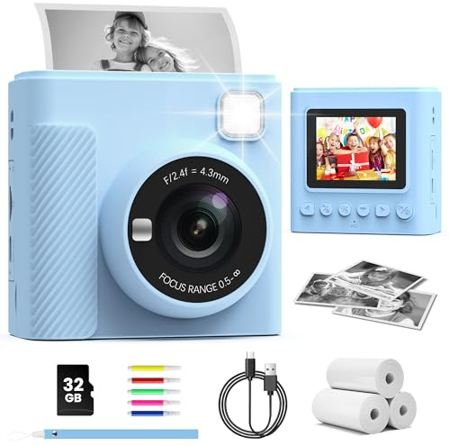 TIATUA Kids Instant Print Camera, Christmas Birthday Gifts for Girls and Boys, 1080P HD Video Digital Kids Camera with Print Paper & 32G Card, Toddler Toy for 3-14 Years Old (Blue)