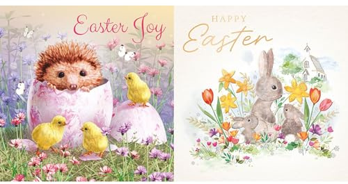 Noel Tatt Cute Easter Greeting Cards Pack of 6 - Happy Easter Cards with 2 Assorted Designs - Rabbit, Hedgehog and Chicks - General Multipack for Family, Friends and Children - 127 x 127mm