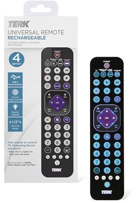 TERK Telecomando universale ricaricabile, 4 dispositivi con ricarica USB-C, tastiera retroilluminata, IR a lungo raggio, compatibile con TV, lettori streaming, decoder via cavo, Roku, Fire TV