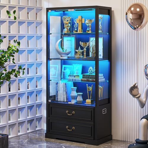 FREDEES LED Display Cabinet with Glass Doors and Drawers, Black | Adjustable Display Shelf, 4 Tier Curio Cabinet, 3 Color Lights, Human Body Sensor, For Anime Figure/Collectibles/Toys/Books