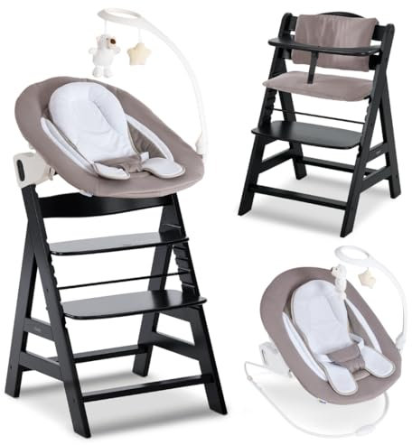hauck Alpha+ Newborn Set Deluxe - Baby Holz Hochstuhl ab Geburt mit Liegefunktion - inkl. Aufsatz für Neugeborene & Sitzpolster - mitwachsend, verstellbar - Schwarz