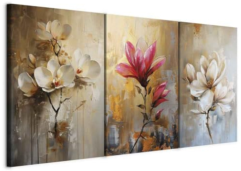 murando - Rilievo Acrilico Set di 3 Quadri Componibili Magnolie e Fiori Rosa 180x90 cm (3 pz. 60x90 cm ognuno) - Collage 3 Pezzi - Stampa su Tela Strutturata - Effetto Dipinto - Elegante b-H-10197-b-a