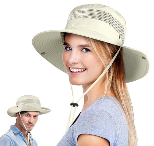 BSBUY Sonnenschutzhut UPF 50+ UV-Schutz Herren Sonnenhut Wasserdichter Fischerhut Bucket Hut Damen Breite Krempe Buschhut mit Kinnband Mesh Atmungsaktiv Angelhut für Outdoor Angeln Jagd Camping(Beige)