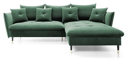 DomiMeble DomoHome Ecksofa Glam mit Schlaffunktion, Freistehend, Ottomane und Goldenen Füßen – Samtsofa im Glamour-Stil für Ihr Wohnzimmer, mit Zierkissen, 258x167x91cm, Rechte Seite GRÜN