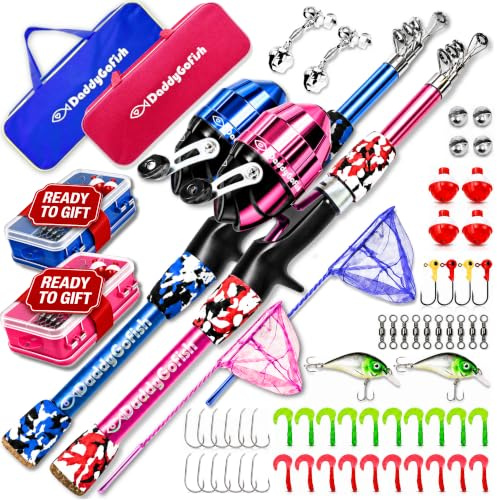 DaddyGoFish Kids Fishing Pole - Rod Reel Combo Tackle Box Starter Set - First Year Small Gear Kit for Boys Girls Toddler Youth Age Beginner Little Children (Essential Set, Blue + Pink, 5ft)