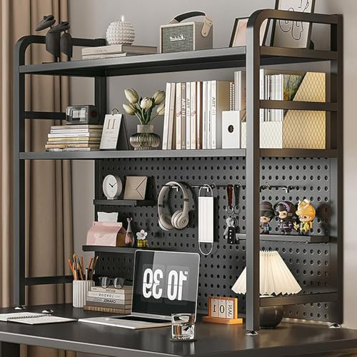 OOPDNEGAK 2-stöckiges Computer-Schreibtisch-Bücherregal, Lagerregal Aus Holz Und Metall, Mehrzweck-Schreibtisch-Organizer for Wohnheime, Schreibtischaufsatz for Zuhause Mit Metallgitter(115x20x98cm)