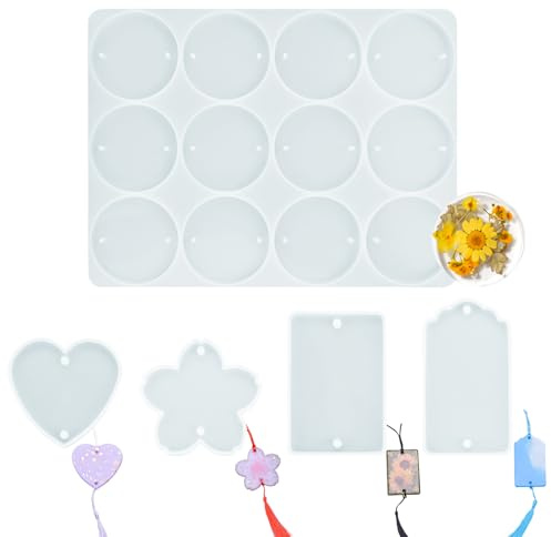 Diakey Lot de 5 moules en résine époxy avec 2 trous, cercle à 12 cavités, cœur, rectangle, fleur de cerisier, nuage, rectangle, moule en silicone pour porte-clés, ornement de Noël, pendentif, carillon