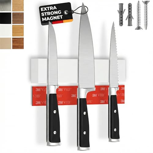 CUCINO självhäftande magnetisk knivlist – testvinnare med extra stark magnet – enkel montering med 3M-tejp utan borrning, vit gummi 25 cm
