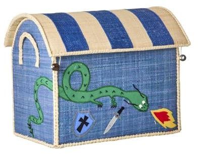 Rice Aufbewahrungskorb mit Drachenmotiv in Größe S (37x25x31 cm) | Handgefertigter Raffia-Korb mit Klappdeckel & Griffen | Spielzeugkorb & Kinderzimmer-Deko im Landhausstil