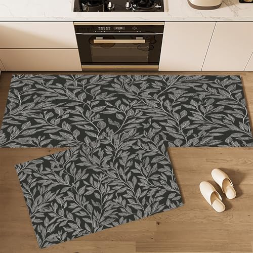 Set di 2 Tappeti Cucina Antiscivolo Lavabili Elegante Pianta Foglie Di Salice Argentato, Antifatica e Assorbenti, Tappetini Decorativi per Cucina, Corridoio, Ingresso 50×80cm+50×160cm