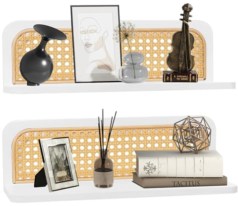 Ruaizel 2 Stück Wandregal Weiß Boho, Rattan Wandregale Boho Wanddeko, Regal zum Aufhängen Wand, 40x12x13 cm Wandregal Holz für Wohnzimmer, Kinderzimmer, Schlafzimmer