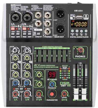 YQVEOT Mixer Audio, Mini Console di missaggio Audio a 4 canali Adatta for la Riproduzione di Computer USB con Effetti DSP Bluetooth 99