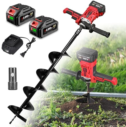 ONEVAN Akku Erdbohrer Bürstenloser, 900W Erdlochbohrer Pfahlbohrer Kompatibel mit 2×4.0Ah Akkus, 1380R/min Pfahlbohrer, Bohrtiefe Anzeige Gartenbohrer für Gartenbau/Pfahlsetzung, Schluffboden