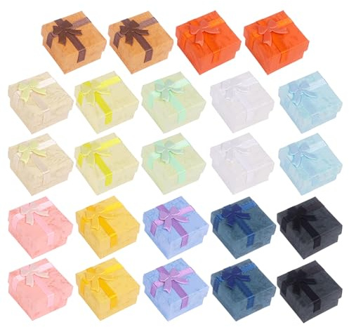 24 Stück Geschenkbox Schmuck, 4× 4× 2.6cm Geschenkbox Klein mit Deckel für Schmuck, Ringe Geschenkschachtel mit Schleife(12 Farben)