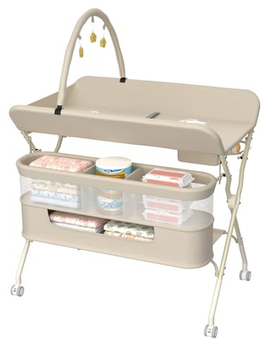 Table à Langer, Pliable, Réglable en Hauteur, Jusqu'à 15 kg, 0-36 Mois, Organiseur de Couches, 5 niveaux réglables, panier de rangement à suspendre pour nouveau-né, 75*68*83-91cm (B) Blanc crème