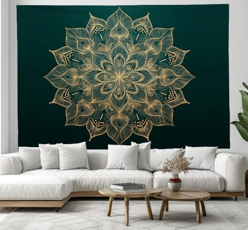 JSCWDET Wandteppiche Mandala-Linienkunst Tapisserie Wandtuch Goldliniendesign Wandbehang Wanddeko für Wohnzimmer und Schlafzimmer Heimdeko (200 x 150 cm,Dunkelgrün)