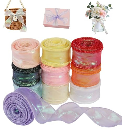 Cinta de organza iridiscente, 10 rollos de cinta de organza con purpurina, cinta de seda brillante, cinta de gasa para envolver regalos, manualidades, lazos, árbol de Navidad, 4 cm x 9 m