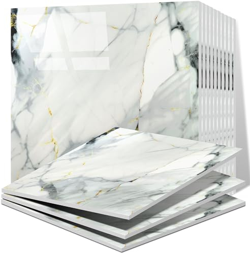 Vieshful 20 Stück Klebefliesen 30x30cm – Selbstklebende Marmoroptik Wandpaneele, PVC Fliesenaufkleber, Wasserfeste Wandverkleidung für Küche, Bad, Wohnzimmer & TV-Wand Blau und Gold