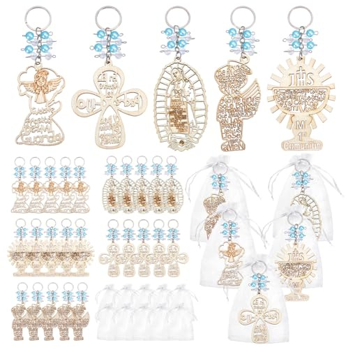 PH PandaHall 30 Set Portachiavi In Legno per Battesimo 5 Stili Portachiavi per Battesimo Cristiano Recuerdos de Bautizo Para Portachiavis a Croce con Sacchetti in Organza per Bomboniere