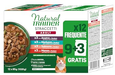 Natural Trainer Straccetti Cibo Umido per Gatti Adulti - Bocconcini in salsa Multipack (Salmone, Manzo, Anatra, Merluzzo) 12 x 85g
