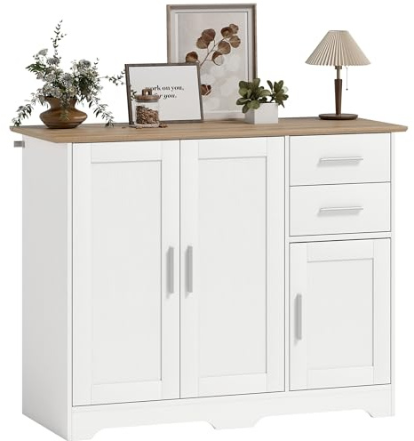 HOMCOM Credenza Cucina, Mobile Cucina con 2 Cassetti e 2 Armadietti, Credenza Buffet con Ripiani Regolabili, 3 Ante, Stile Moderno, per Soggiorno, Sala da Pranzo, 100x40x78 cm, Bianco e Color Legno