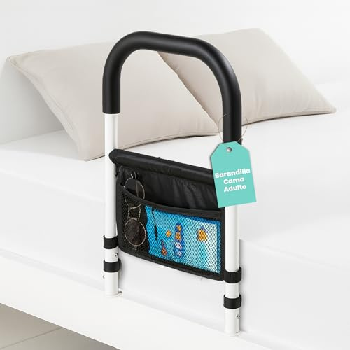 JOU PRIME Barandilla Cama Adulto, Ayuda para Levantarse de la Cama Barrera Cama Adultos con Bolsa de Almacenamiento Barandilla Cama Ajustable a Cualquier Cama Barrera Seguridad Niños y Adultos