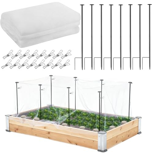 Metal Garden Netting Kit, 8 Pack 2.6ft Raised Garden Bed Net Support Stakes with 10´×13´ Fine Mesh Insect Netting 16pcs Clips Bird Barrier Screen Cover for Protect Plant Vegetable Row from Animals Bug
