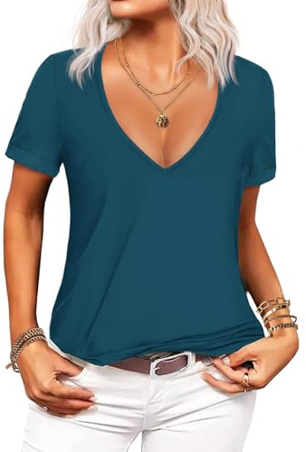 Zeagoo Maglia Donna Manica Corta Scollo a V Tshirt Eleganti Magliette Estive Camicetta Blu Verde XL