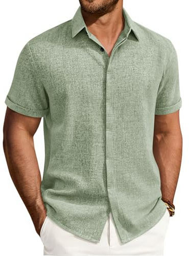 Alimens & Gentle Sage Green Mens Linen Shirt Short Sleeve Button Down Casual Summer Wedding Work Button Up Shirt Large
