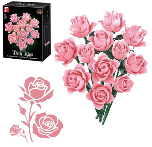 Kit de construction de bouquet de roses roses - Brique de fleurs artificielles - Cadeau créatif pour femme adulte ou partenaire pour la fête des mères, la Saint-Valentin, la petite amie ou le petit