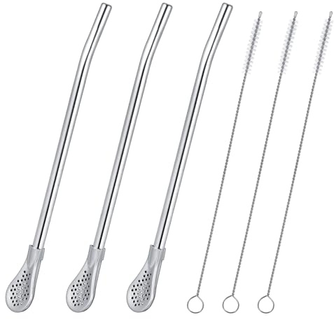 Sibba 3pcs TrinkhalmlöFfel 2-In-1 Yerba Mate Tee Strohhalme LöFfel mit 3 ReinigungsbüRsten Mate Becher RüHren Filter Trinkhalme LöFfel TeelöFfel LöFfelstrohhalme FüR Latte Macchiato Kaffee Cocktails