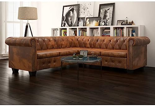 Generico Divano Angolare Chesterfield a 5Posti Pelle Artificiale Marrone,Divani