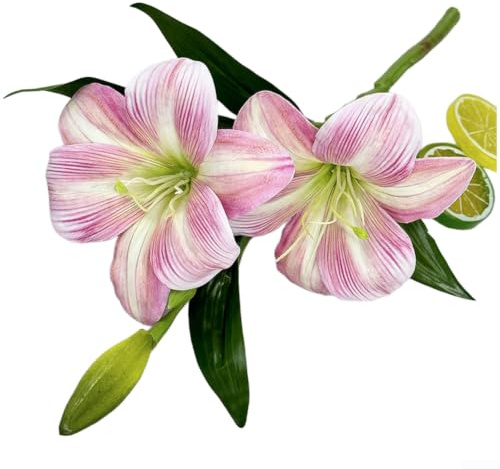 PureBowlic 3D-tryckt silke hemerocallis lilja konstgjorda blommor med flexibla stjälkar, realistisk falsk blommig dekor för bröllop hem festarrangemang, vit-grön (rosa)