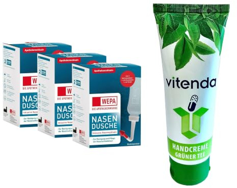 vitenda Set: Nasenspülkanne Nasendusche mit Nasenspülsalz mit WEPA zur Reinigung & Pflege der Nasenschleimhaut, 3x10Stk – inkl. vitenda Handcreme