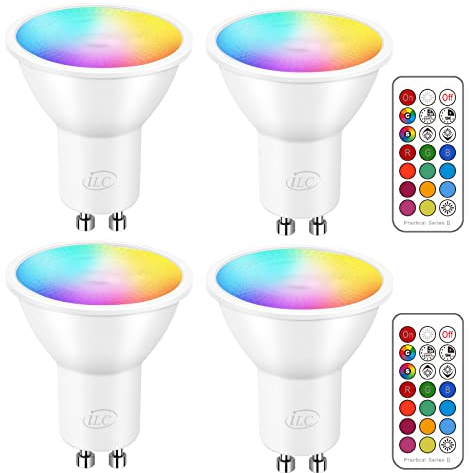 iLC Bombilla LED Foco GU10 Colores RGBW Bombillas spot Cambio de Color Regulable Blanco Cálido 2700k Casquillo - RGB 12 Colore - Control remoto Incluido - Equivalente de 40 Watt (Pack de 4)