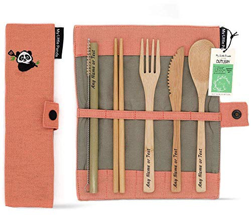 My Little Panda Parure de Repas en Bambou Personnalisable gravée avec Tout nom ou Texte, Cadeau Naturel et Durable (Corail)