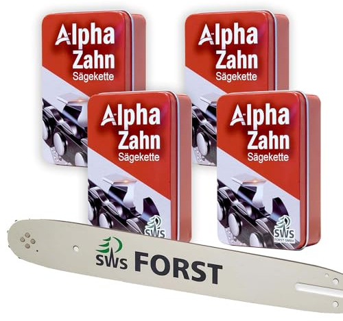 30cm SWS Forst GmbH Schwert Set,4 Alphazahn Sägeketten in der praktischen Metallbox 3/8 1,1mm 44TG kompatibel mit Stihl MS170