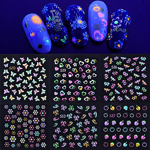 MWOOT 24 Blatt Luminous Nail Art Sticker,3D Fluoreszenz Leuchtend Selbstklebend Nagelaufkleber für Nageldesign, Schmetterling Blumen Nageltottoos für Nagelspitzen Dekoration