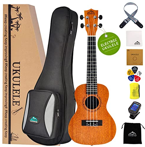 EASTROCK Concert Ukulele Mahogany Beginner Electric Built-in Digital Tuner Ukelele 23 inch Big PackageKit. Ukulele Ukalalee Suitable for adults, Beginners. (23-Mahogany-EQ)