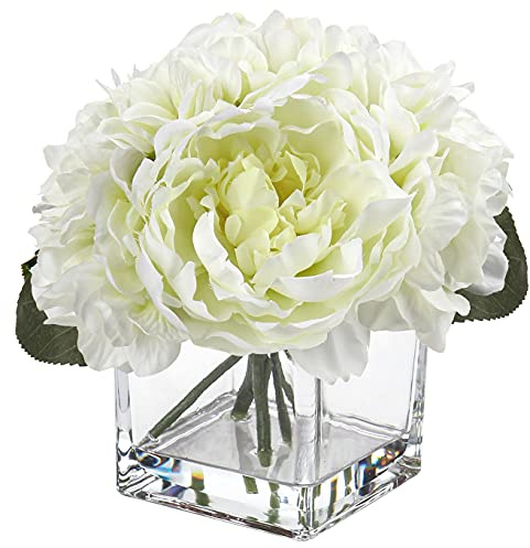 Briful Fake Flowers in Vase Silk Peony Hydrangea Flowers with Faux Water for Home Wedding Party Decoration Artificial Flowers Peony Hydrangea in Glass Pots for Table Centerpieces - White