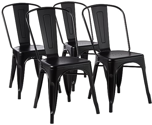 Amazon Basics Esszimmerstühle aus Metall, mit Rückenlehne, stapelbar, Bistro, Küche, Innen- & Außenbereich, 4er-Set, Schwarz, 51 x 43 x 85 cm