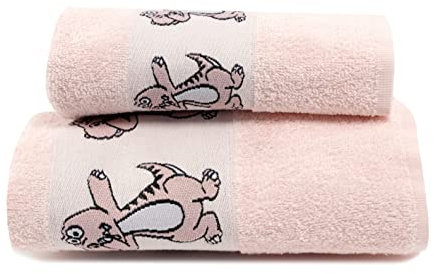 Asciugamani Made In Italy Set Viso E Bidet Bambini Coppia Asciugamano Bagno Mani (50 X 90 Cm) + Ospite (40 X 55 Cm) Fantasia Dinosauro Rosa 100% Spugna Cotone Asilo Scuola Materna (Rosa)