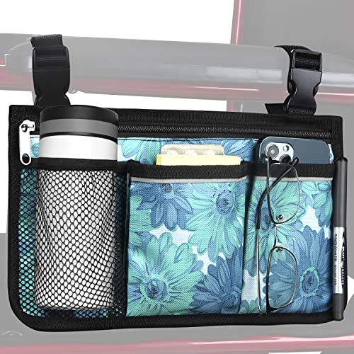 Wheelchair Side Bag, Upgrade Flower Color Wheelchair Armrest Storage Pouch with Cup Holder and Reflective Strip, Made with Waterproof Fabric, for Most Wheelchairs, Walkers and Rollators (Blue Floral)