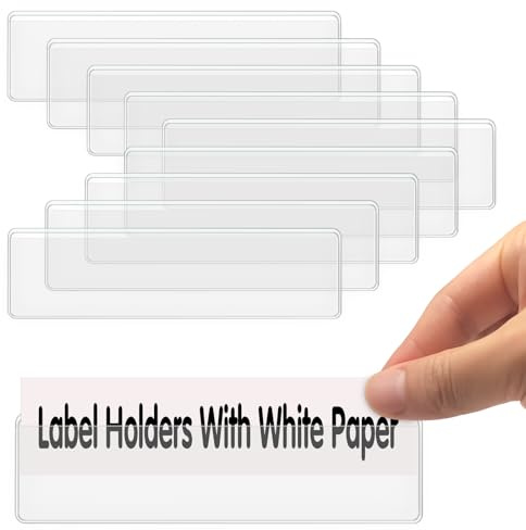 Self Adhesive Label Holders, ELEMGULY 52 Pcs Adhesive Shelf Tag Shelf Label Holder Clear Pocket Holder with Paper for Supermarket, Bookshelf, Kitchen (4.3 x 1.2 Inch)